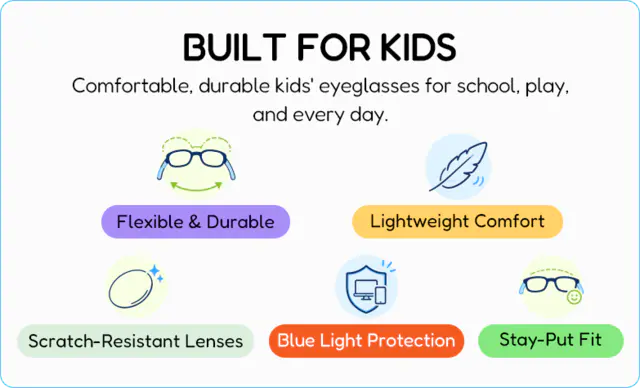 Kids eyewear features — flexible, lightweight, scratch-resistant, blue light protection, stay-put fit