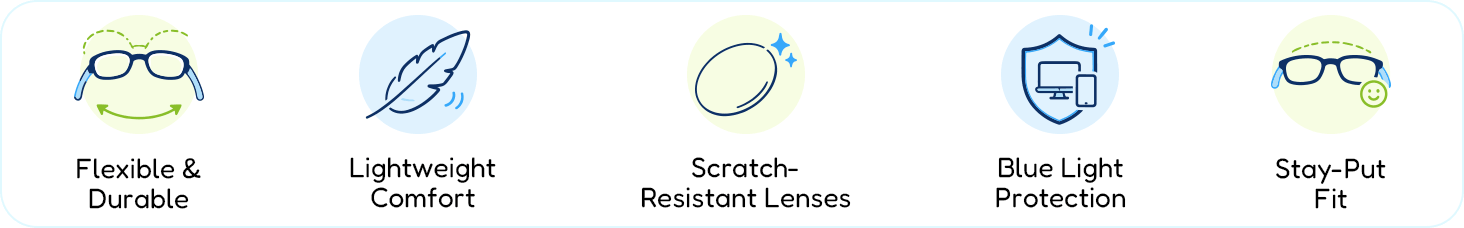 Kids eyewear features — flexible, lightweight, scratch-resistant, blue light protection, stay-put fit