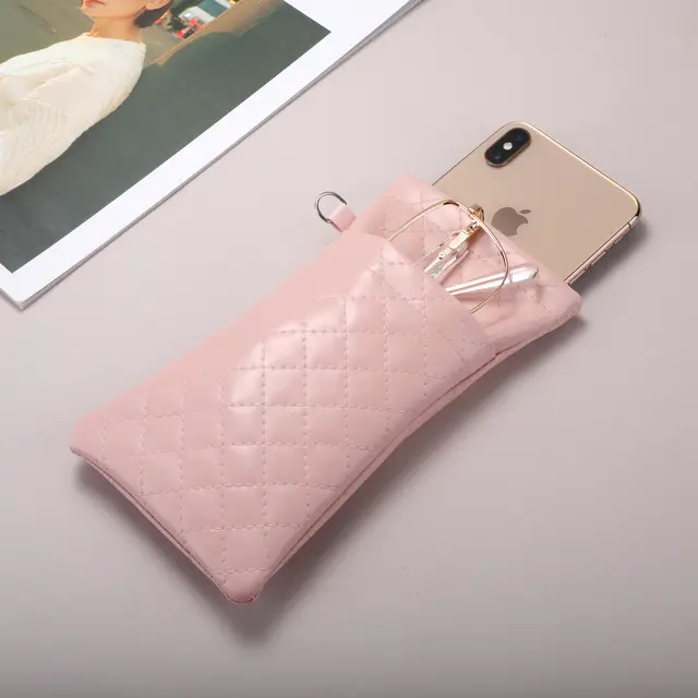Pink Checkered PU Glasses Pouch