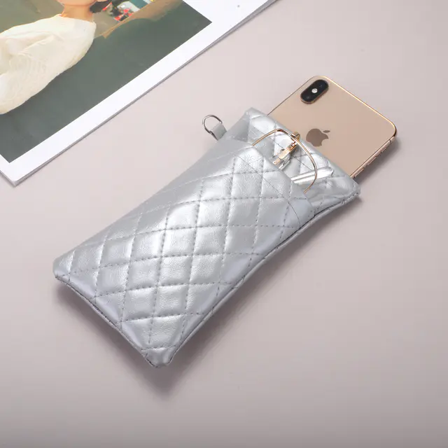 Silver Checkered PU Glasses Pouch