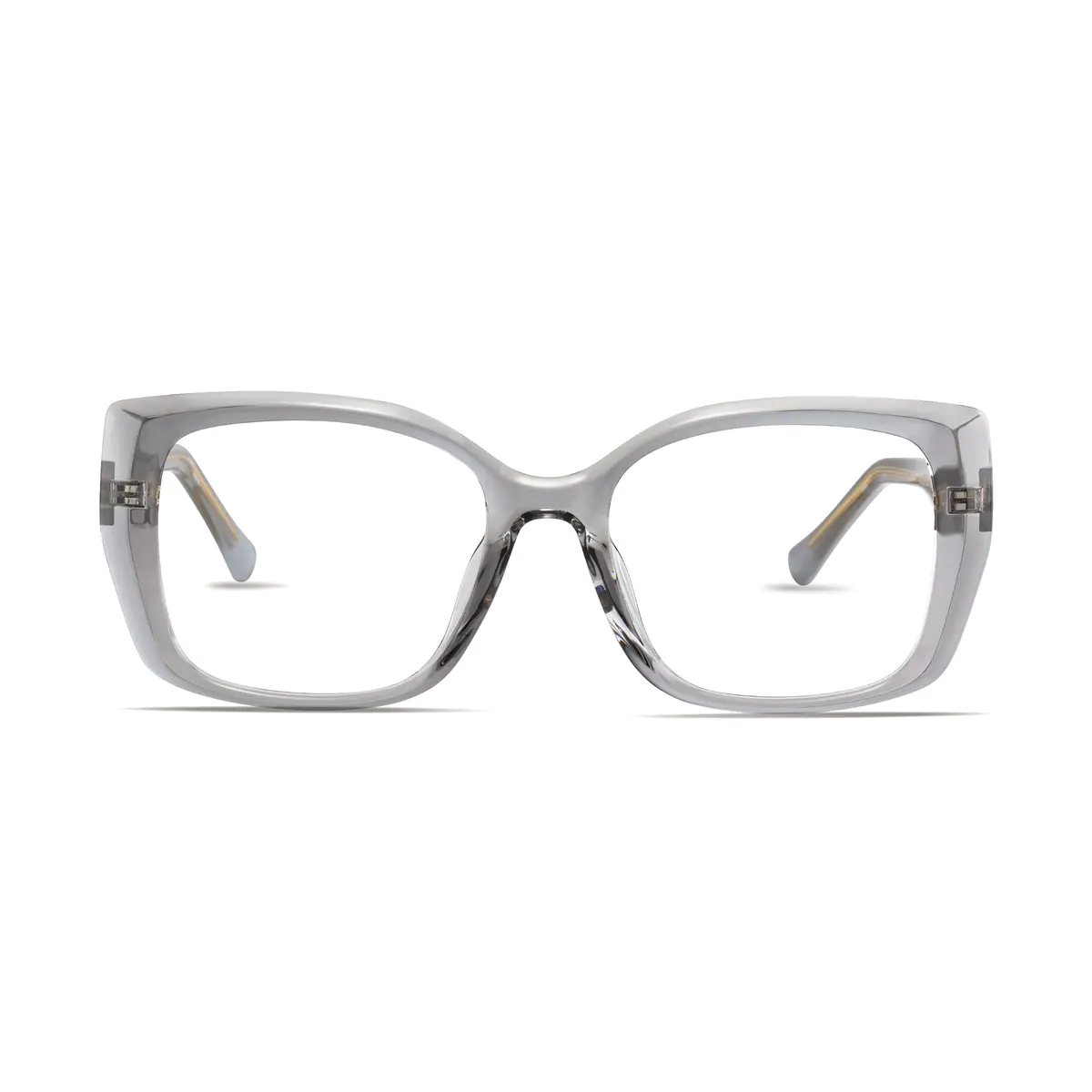 Modern transparent gray TR90 eyeglasses. Featuring a contemporary rectangular shape, it provides a subtly stylish accent suitable for both office settings and urban exploration.